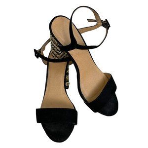EUC Straw 4" Heel Platform Sandal with Black Suede Ankle and Toe Strap S…